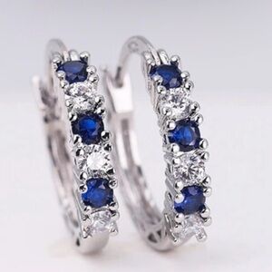 **Sapphire Gemstone Huggie Hoop Earring, Blue & White CZ Stone Wedding Earring